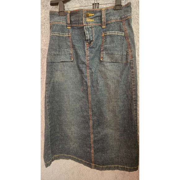 Vintage GH Bass Y2K Denim Long Maxi Straight Skirt Red Contrast‎ Stitching 10 32 - Picture 1 of 4